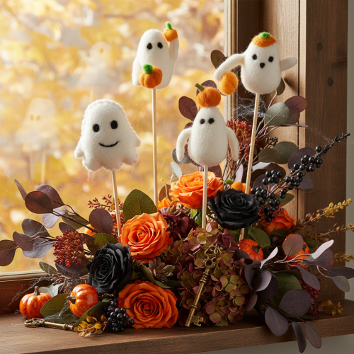 položky Figurky duchů na dřevěných tyčkách, halloweenská dekorace, 54 cm, 8 kusů