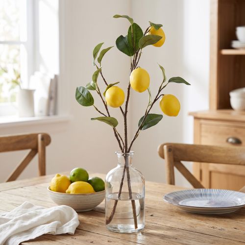 položky Dekorace z umělé citronové větve, větev se 3 žlutými citrony, 65 cm, umělá rostlina, dekorativní doplněk
