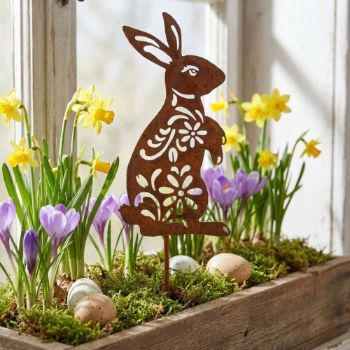 Zahradní kůl Rust Bunny květinový vzor Zahradní dekorace Velikonoce 9×15cm | Floristik24.cz