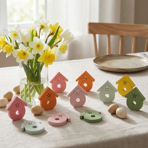 položky Bodová dekorace domeček pro ptáčky dřevěná dekorace na stůl barevná 2,5-3,5cm 48 kusů