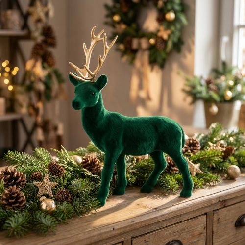 Jelen stojící deko figurka zelené zlato stolní dekorace adventní 27cm | Floristik24.cz