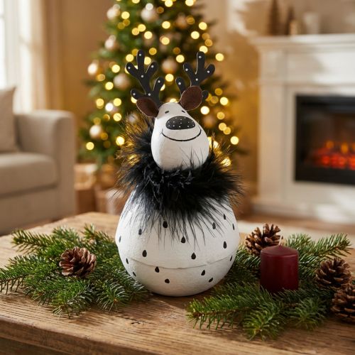 Dekorativní sob, vánoční dekorace, ozdobná figurka z kovu, adventní bílá, černá V15,5cm Ø8cm | Floristik24.cz
