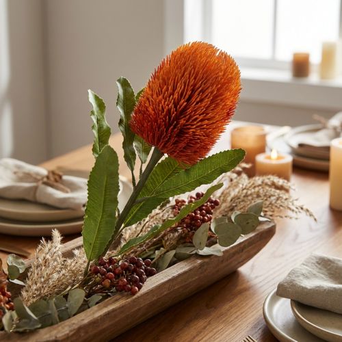 Umělá květina Banksia Orange podzimní dekorace pohřební květiny 64cm | Floristik24.cz