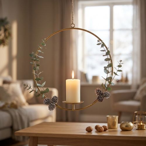 Svícen na zavěšení kovová dekorace zlatá vintage Ø38/V48cm | Floristik24.cz