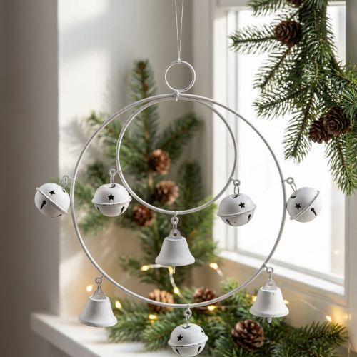 Prsten s rolničkami, adventní dekorace, prstenový věnec, kovová dekorace na zavěšení Bílá V22,5cm Š21,5cm | Floristik24.cz