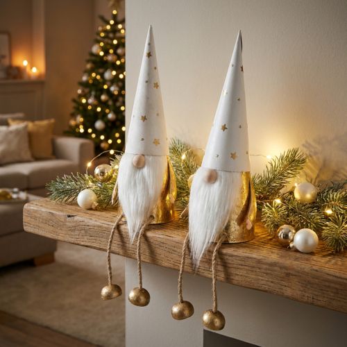 Gnome vánoční ozdobná figurka bílá, zlatá Ø6,5cm V22cm 2 ks | Floristik24.cz