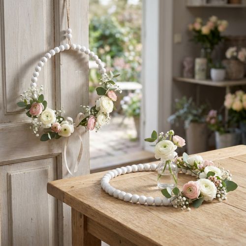 Dekorativní dřevěný prsten Shabby Chic bílý Ø19cm, svatební, jarní, dekorace na dveře, sada 4 kusů | Floristik24.cz
