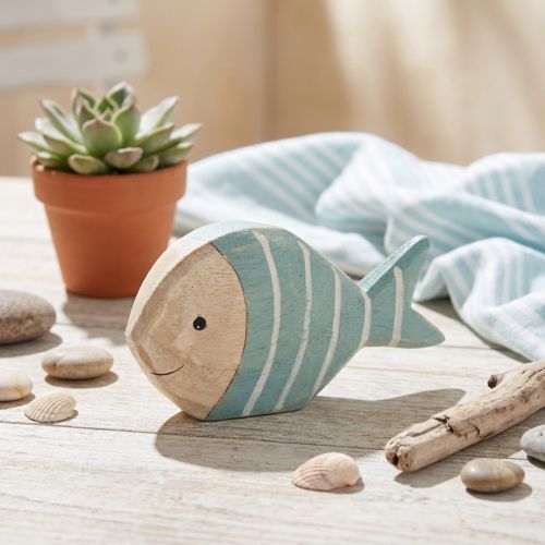 Dřevěná rybka dekorační rybka na stojánek světle modrá přírodní 18×10cm | Floristik24.cz
