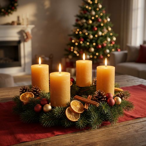 Jednobarevné sloupkové svíčky, medová barva, Ø60×80 mm, sada 4 kusů - Adventní věnec, vosk | Floristik24.cz
