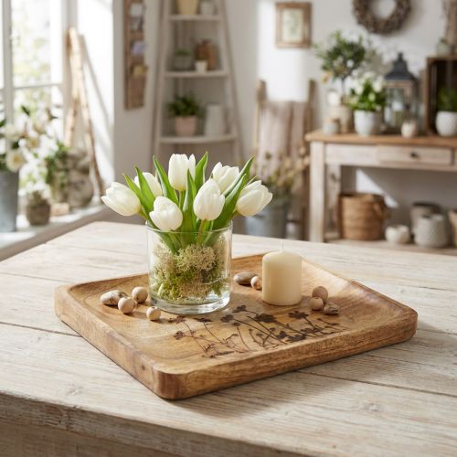 Dekorativní podnos z mangového dřeva s květinovým vzorem, podnos 25×20cm | Floristik24.cz