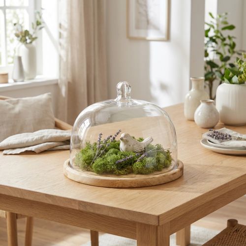 položky Skleněná kopule s dřevěným talířem zdobená sýrovou kopulí Ø22cm H16,5cm