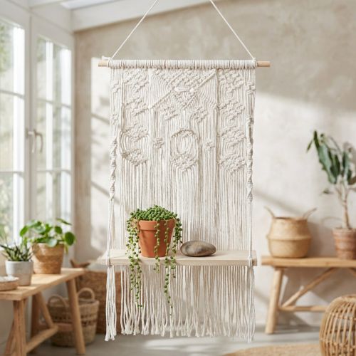 položky Boho makramé věšák na rostliny, závěsná dekorace, dekorace na okno s květinovou houpačkou, 40x15cm, v přírodní bílé barvě