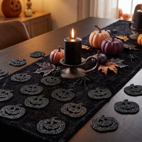 Halloweenské dýňové dekorace scatter, 4 cm, černé, třpytivé, 72 dílků | Floristik24.cz