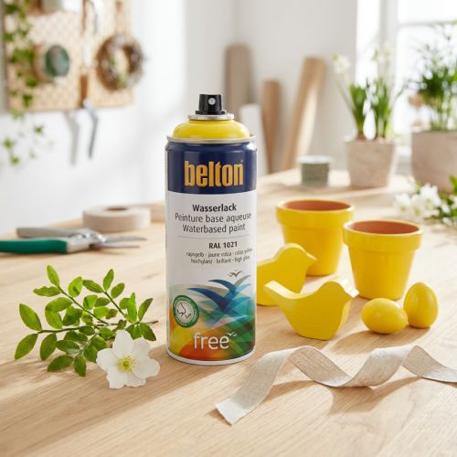 položky Bezvodý vodní lak Belton žlutý ve spreji řepkový žlutý vysoký lesk 400ml