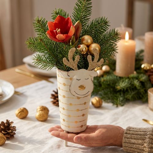 Sobí květináč, adventní dekorace, kovová dekorace, květináč na Vánoce bílý, zlatý V28cm Ø8,5cm | Floristik24.cz