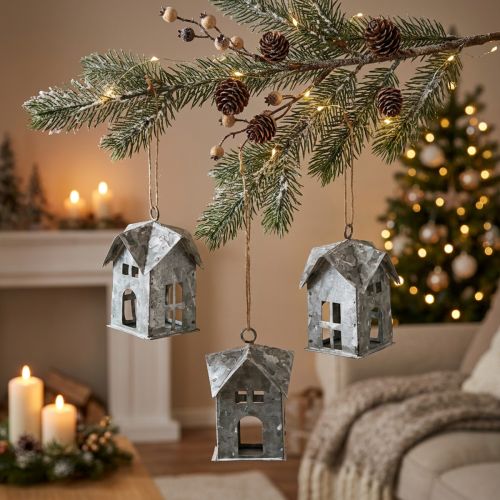 položky Vánoční ozdoby, kovový domeček, shabby chic, bílé, výška 9,5 cm, 3 kusy