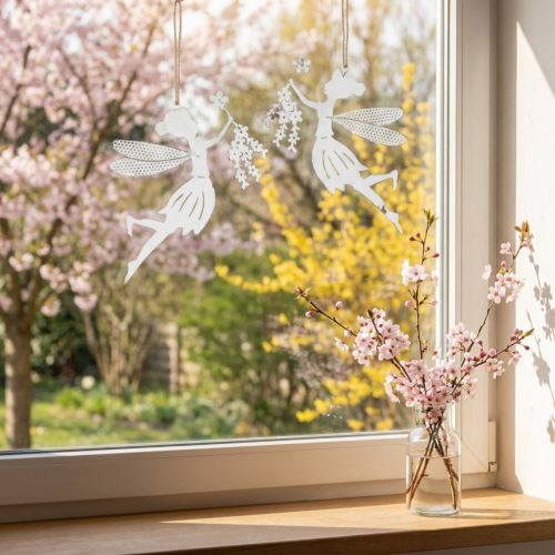 Dekorativní víla dekorace na okno jarní kovový bílý skřítek 15×10cm 2 ks | Floristik24.cz