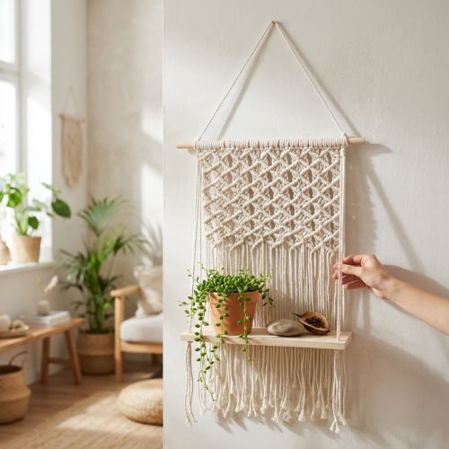 Makramé věšák na rostliny, boho styl, závěsná police, držák na rostliny, dekorace na okno, dřevěná deska, 40x15cm | Floristik24.cz