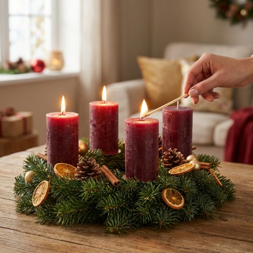 Jednobarevné vínové rustikální adventní svíčky 110 × 60 mm, sada 4 kusů, samozhášivé | Floristik24.cz