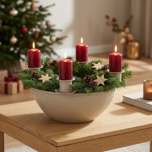 Svícen se 4 objímkami, moderní adventní věnec, béžový, 15 cm | Floristik24.cz
