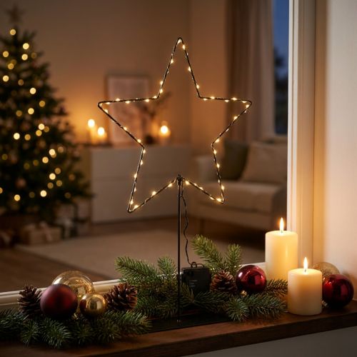 LED hvězda s přihrádkou na baterie na stojanu na parapet a stůl 46 cm | Floristik24.cz