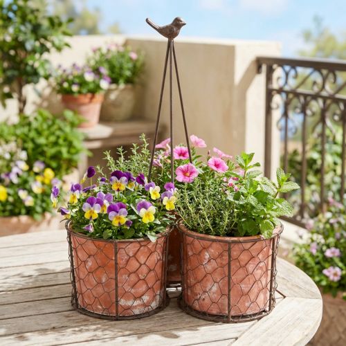 Květináč keramický síťovaný koš kovový hnědý Ø30cm V11,5cm | Floristik24.cz