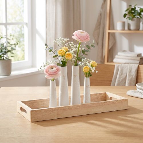 Dekorativní podnos Dřevěné mini vázy Keramické bílé zlato 35x14cm | Floristik24.cz