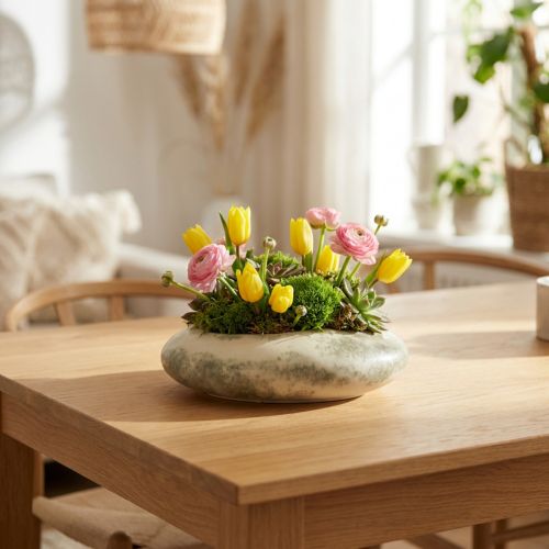 Dekorativní miska oválná plochá keramická miska krémově šedá zelená 19×14×5cm | Floristik24.cz