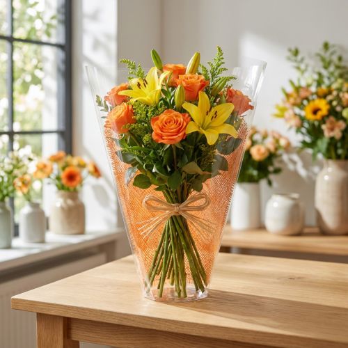 Květinová taška jutový vzor oranžová D40cm Š12-30 50 ks | Floristik24.cz