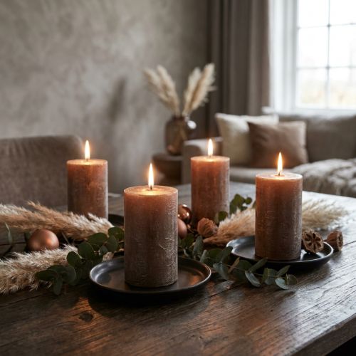 Moderní sloupové svíčky, sada 4 kusů v měděně hnědé metalické barvě, Ø70x100 mm - Elegantní, jednobarevné svíčky pro stylovou dekoraci | Floristik24.cz