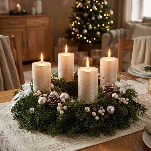 Platinové svíčky na adventní věnce, sada 4 kusů, 60x80 mm - Elegantní dekorace na adventní věnce a stůl | Floristik24.cz