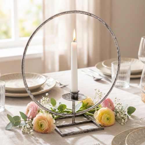 Dekorační prsten kovový svícen stříbrný shabby chic Ø32cm | Floristik24.cz