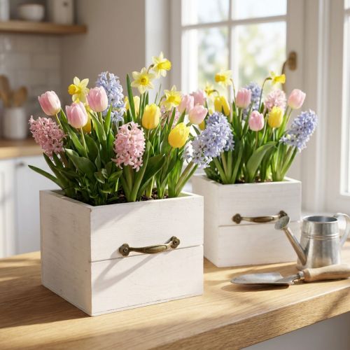 Květináč dřevěná zásuvka bílá 15x15/12x12cm sada 2 ks | Floristik24.cz