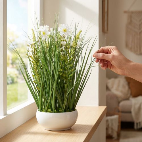 Dekorativní tráva s květy Cosmea v misce H45cm | Floristik24.cz