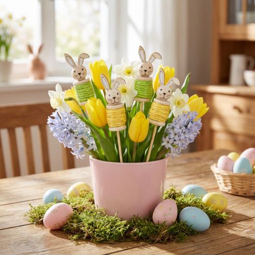 položky Dřevěné velikonoční květinové špunty Easter Bunny Green Yellow L32cm 8 ks