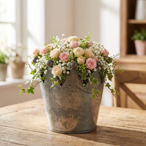 Deco korunka starožitný vzhled šedá kovová dekorace na stůl Ø12,5cm H12cm | Floristik24.cz