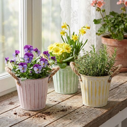 Dekorativní květináč, kovový kyblík na sázení, květináč s uchy, růžovo-zeleno-žlutý shabby chic Ø15cm V13cm 3dílná sada | Floristik24.cz