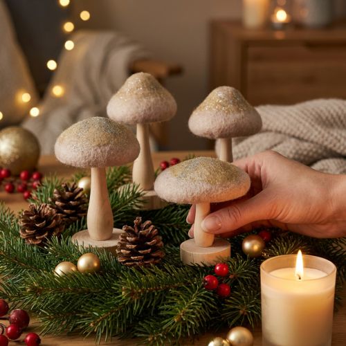 Dekorativní dřevěné a plstěné houby s třpytkami, adventní dekorace na stůl, výška 11 cm, 4 kusy | Floristik24.cz