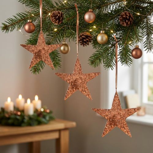 Dekorační hvězda k zavěšení, adventní dekorace, kovové přívěsky měděné barvy 12 × 13 cm 3ks | Floristik24.cz