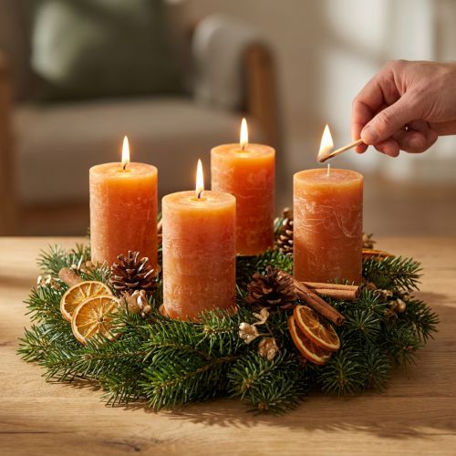 Sloupkové svíčky, tmavě oranžové, jednobarevné, design západu slunce, 60x100 mm, 4 kusy, rustikální, léto, podzim, advent | Floristik24.cz