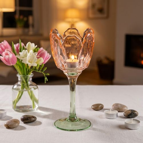 položky Skleněný svícen na čajovou svíčku ve tvaru tulipánu, vintage styl, romantická bytová dekorace, 20 cm