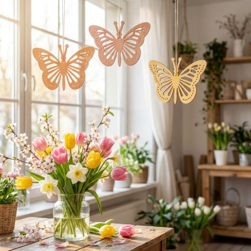 Dekorativní Motýli Dekorační Věšák oranžová/růžová/žlutá 12cm 12 ks | Floristik24.cz