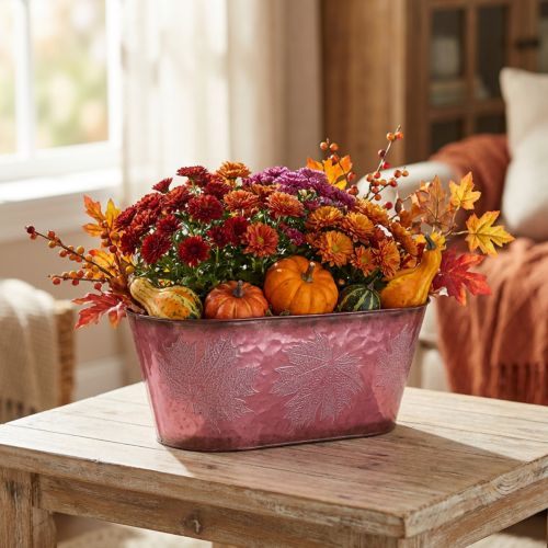 Mísa s listovým zdobením, květináč, podzimní dekorace, kovový hrnec vínově červený L38cm H15cm | Floristik24.cz