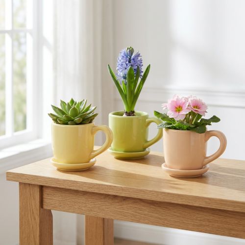 položky Kávový hrnek, dekorativní dekorace na stůl pro stylový design místnosti s rostlinami, 11 cm, 3 kusy