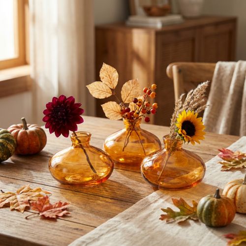 Mini skleněné vázy, baňaté, ploché, oranžové, Ø9cm, 6 kusů | Floristik24.cz