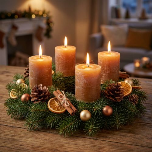 Jednobarevné karamelové sloupkové svíčky 70×80 mm, sada 4 kusů - Rustikální dekorace, ideální na advent, ručně vyrobené | Floristik24.cz