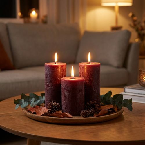 Sada 4 vínových sloupkových svíček, jednobarevné, 70x120 mm - Dekorativní svíčky pro domácí atmosféru a wellness | Floristik24.cz