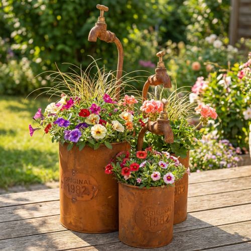 Květináč patina dekorativní kov s kohoutkem V25/37/43cm sada 3 ks | Floristik24.cz
