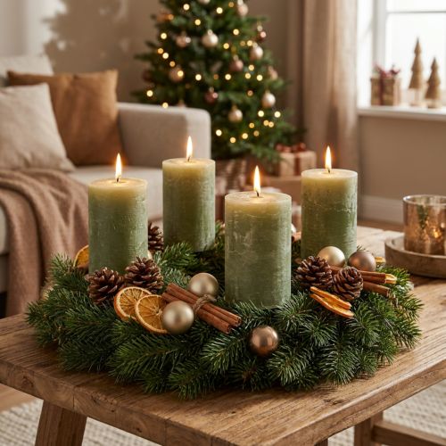 Adventní věnce a dekorace na stůl, olivově zelené, 2 kusy, jednobarevné | Floristik24.cz