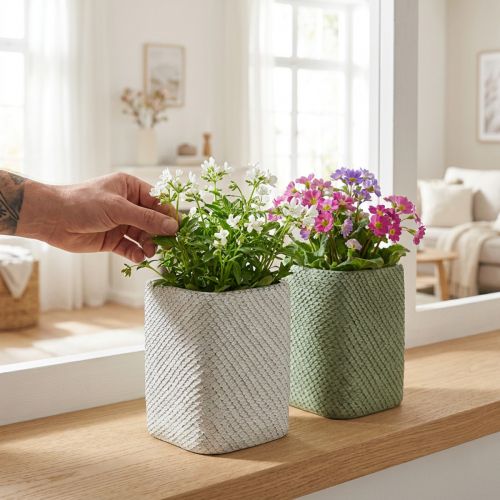 Květináč keramická bílá zelená reliéfní síťka 12x12cm H17,5cm 2ks | Floristik24.cz